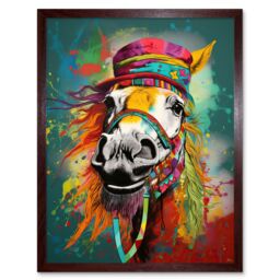 "Artery8 Wall Art Print Hippie Horse with Multicoloured Hat & Bridles Art Framed in Brown - Size: W12"" x H16""" - thumbnail 1