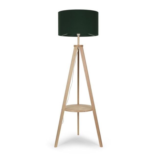 ValueLights Morrigan Natural Wood Tripod Floor Lamp with Fabric Drum Lamp Shade in Dark Green - image 1