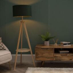 ValueLights Morrigan Natural Wood Tripod Floor Lamp with Fabric Drum Lamp Shade in Dark Green - thumbnail 3