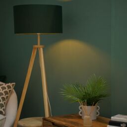 ValueLights Morrigan Natural Wood Tripod Floor Lamp with Fabric Drum Lamp Shade in Dark Green - thumbnail 4