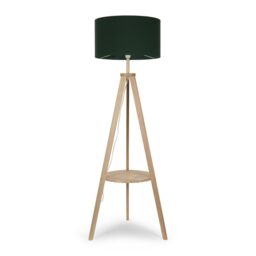 ValueLights Morrigan Natural Wood Tripod Floor Lamp with Fabric Drum Lamp Shade in Dark Green