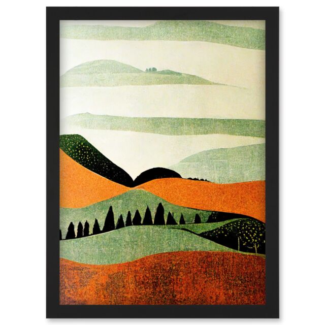 Artery8 Abstract Eclectic Tangerine & Olive Nature Landscape Linocut Minimalism Drawing Artwork Framed Wall Art Print A4 in Black - image 1