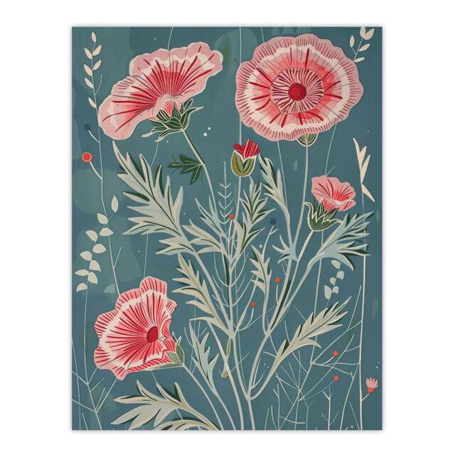 "Artery8 Blooming Pink Carnation Flowers Artwork Spring Wall Art Print in Blue - Size: W24"" x H32""" - image 1