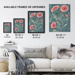 "Artery8 Blooming Pink Carnation Flowers Artwork Spring Wall Art Print in Blue - Size: W24"" x H32""" - thumbnail 3