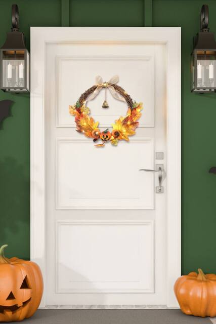 H&O Direct 40cm Artificial Pumpkin Maple Leaves Wreath with Bell in Orange - image 1