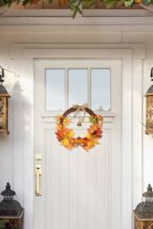 H&O Direct 40cm Artificial Pumpkin Maple Leaves Wreath with Bell in Orange - thumbnail 2