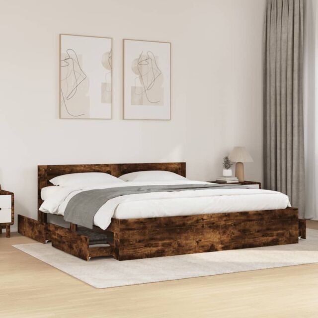 Berkfield Home Bed Frame with Headboard without Mattress Smoked Oak 200x200 cm in Brown - image 1