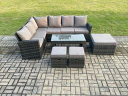 Fimous 9 Seat Rattan Garden Furniture Corner Sofa Set Outdoor Patio Sofa Table Set with 3 Footstools Dark Grey Mixed - thumbnail 2