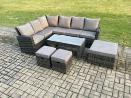 Fimous 9 Seat Rattan Garden Furniture Corner Sofa Set Outdoor Patio Sofa Table Set with 3 Footstools Dark Grey Mixed - thumbnail 1