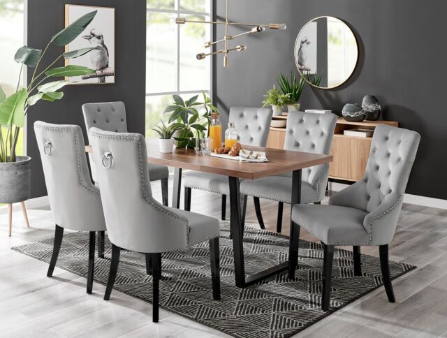 FurnitureboxUK Kylo Large Brown Wood Effect Dining Table & 6 Belgravia Black Leg Velvet Chairs in Grey - image 1