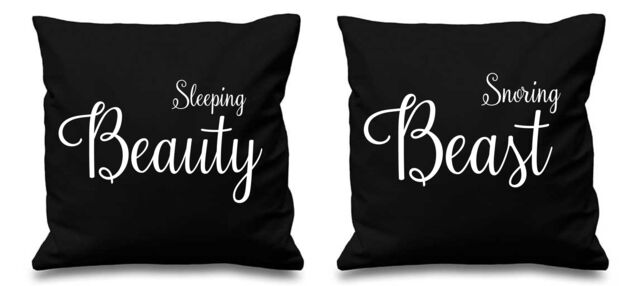 "60 SECOND MAKEOVER Sleeping Beauty Snoring Beast Black Cushion Covers 16"" x 16"" Couples Cushions Valentines Anniversary Boyfriend"