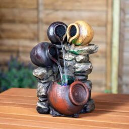 Primrose Tabletop Fountain Triple Trickle Honey Pots Water Feature with Lights in Grey - thumbnail 1