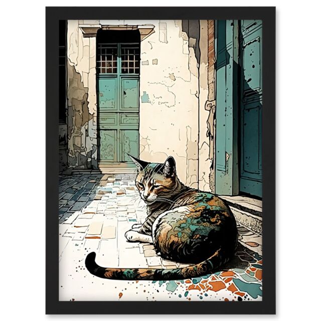 Artery8 Street Cat Sunbathing on Cobblestone Street Modern Illustration Artwork Framed Wall Art Print A4 in Black - image 1