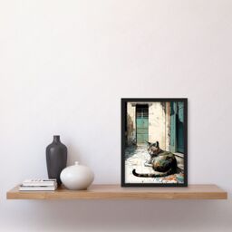 Artery8 Street Cat Sunbathing on Cobblestone Street Modern Illustration Artwork Framed Wall Art Print A4 in Black - thumbnail 2