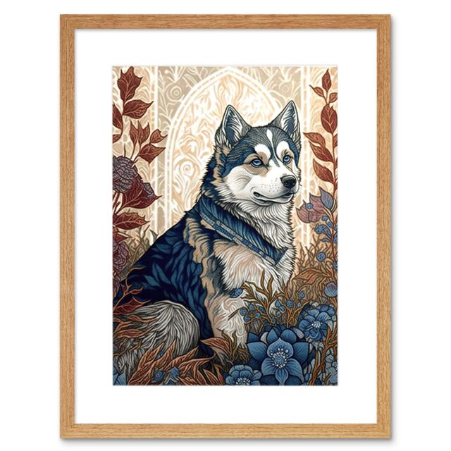 "Artery8 Wall Art Print Siberian Husky Dog in Autumn Flower Field Modern Art Nouveau Artwork Framed 9X7 Inch in Beige - Size: W7"" x H9""" - image 1