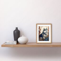 "Artery8 Wall Art Print Siberian Husky Dog in Autumn Flower Field Modern Art Nouveau Artwork Framed 9X7 Inch in Beige - Size: W7"" x H9""" - thumbnail 2