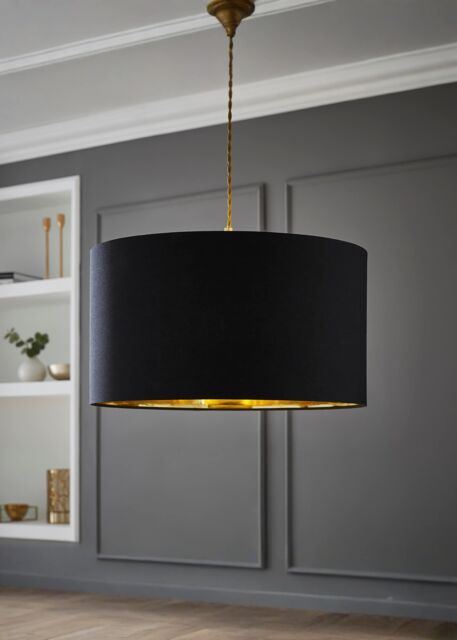 ValueLights Reni Black with Metallic Gold Inner Easy Fit Drum Ceiling Lamp Shade - Size: Large - image 1