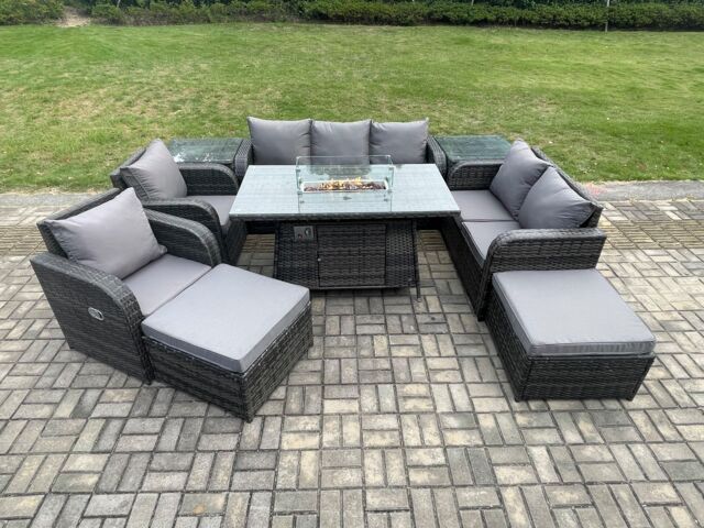 Fimous PE Wicker Outdoor Rattan Garden Furniture Set Propane Gas Fire Pit Table & Sofa Chair set with 2 Side Tables 2 Big Footstool in Dark Grey - image 1