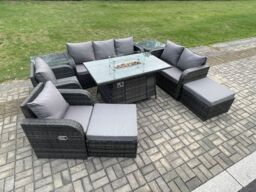 Fimous PE Wicker Outdoor Rattan Garden Furniture Set Propane Gas Fire Pit Table & Sofa Chair set with 2 Side Tables 2 Big Footstool in Dark Grey - thumbnail 3