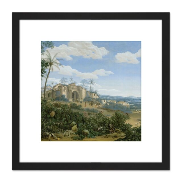 Artery8 Frans Jansz Post View Of Olinda Brazil Painting 8X8 Inch Square Wooden Framed Wall Art Print Picture with Mount in Black - image 1