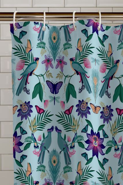 Catherine Lansfield 'Mya Tropical Bird' Shower Curtain Panel in Duck Egg Blue - Size: 180 cm width x 180 cm drop - image 1