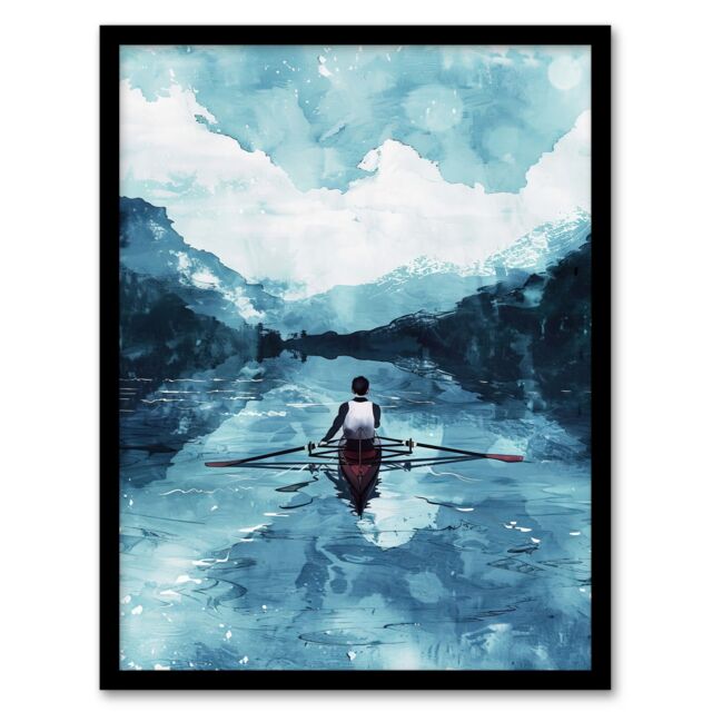 "Artery8 Rowing Boat Blue Watercolour Coastal Landscape Framed Art Print - Size: W12"" x H16""" - image 1