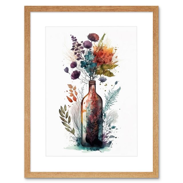 "Artery8 Wall Art Print Wine Bottle with Wildflower Floral Spring Bouquet Artwork Framed 9X7 Inch in Beige - Size: W7"" x H9""" - image 1