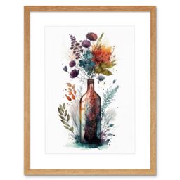 "Artery8 Wall Art Print Wine Bottle with Wildflower Floral Spring Bouquet Artwork Framed 9X7 Inch in Beige - Size: W7"" x H9""" - thumbnail 1