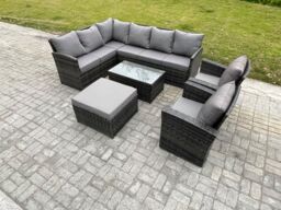Fimous 9 Seater Rattan Garden Furniture Sets High Back Corner Sofa Rectangular Coffee Table Set with Big Footstool 2 Armchairs Dark Grey Mixed - thumbnail 1