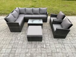 Fimous 9 Seater Rattan Garden Furniture Sets High Back Corner Sofa Rectangular Coffee Table Set with Big Footstool 2 Armchairs Dark Grey Mixed - thumbnail 2
