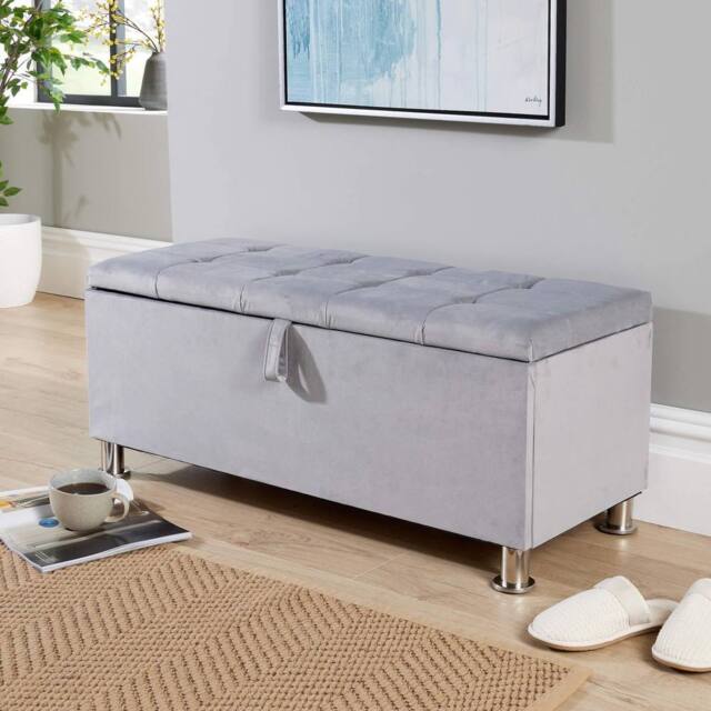 Home Source Storage Ottoman Chest Padded Seat Buttoned Detailing Metal Legs in Light Grey - image 1