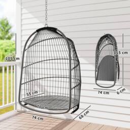 OUTSUNNY Rattan Egg Chair with Installation Kit, Indoor Outdoor Swing Chair in Dark Grey - thumbnail 3