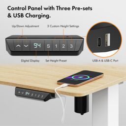 VonHaus Small Home Office Electric Standing Desk with USB-C Charging in Light Brown - thumbnail 4