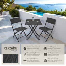 tectake Garden Furniture Set Trevi - 2 chairs, 1 table, bistro set, foldable in Black - Size: 2 Seater - thumbnail 2