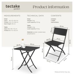 tectake Garden Furniture Set Trevi - 2 chairs, 1 table, bistro set, foldable in Black - Size: 2 Seater - thumbnail 6