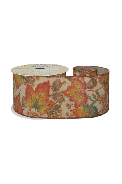 KDMD Natural Wired Ribbon with Autumn Leaves & Acorns 63mm x 10 yards - image 1