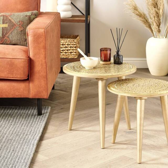 Wyld and Coco Set of 2 Gold Distressed Carved Mango Wood Side Tables - image 1