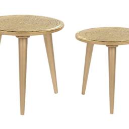 Wyld and Coco Set of 2 Gold Distressed Carved Mango Wood Side Tables - thumbnail 2