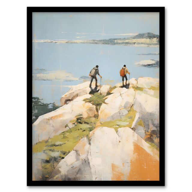 "Artery8 Hikers Reach The Summit At Last Oil Painting Hiking Coastal Cliff Landscape Art Print Framed Poster Wall Decor in Black - Size: W12"" x H16""" - image 1