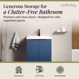 Balterley Fluted Front 2 Soft Close Door Vanity Basin Unit, Satin Blue, 500mm in Blue - thumbnail 4