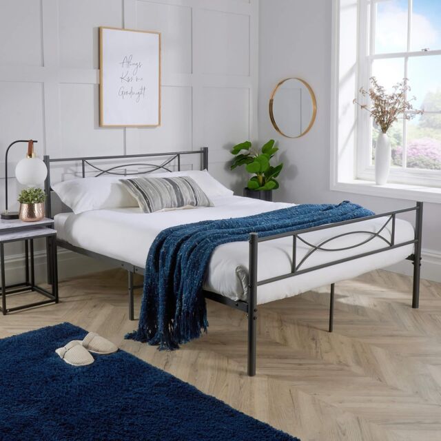 Home Source Metal Frame Bed Childrens Kids Bedframe with Headoard Dark Grey - Size: Double - image 1