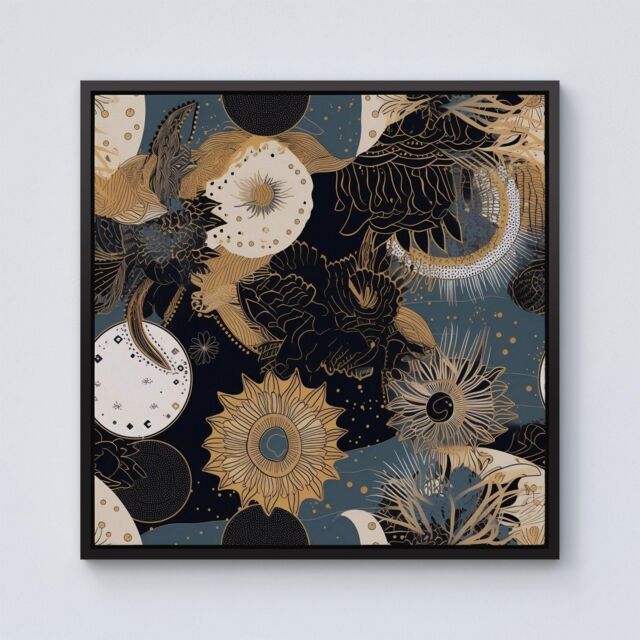 "Warren Reed - Designer Abstract Blue Gold Moon Sun Framed Canvas in Black - Size: W30"" x H30""" - image 1