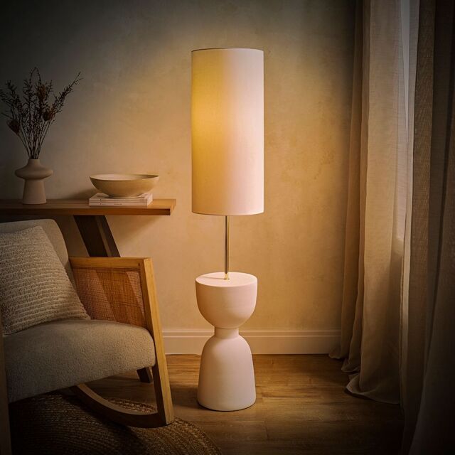 ValueLights Esme Linen Tall Lamp Shade Ceramic Table Base Midi Floor Lamp & Bulb in Cream - image 1
