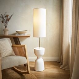 ValueLights Esme Linen Tall Lamp Shade Ceramic Table Base Midi Floor Lamp & Bulb in Cream - thumbnail 5