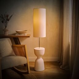 ValueLights Esme Linen Tall Lamp Shade Ceramic Table Base Midi Floor Lamp & Bulb in Cream