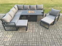 Fimous Aluminium 10 Seater Garden Furniture Outdoor Set Patio Lounge Sofa Gas Fire Pit Dining Table Set with Chair 2 Big Footstools Dark Grey - thumbnail 2