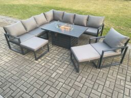 Fimous Aluminium 10 Seater Garden Furniture Outdoor Set Patio Lounge Sofa Gas Fire Pit Dining Table Set with Chair 2 Big Footstools Dark Grey - thumbnail 1