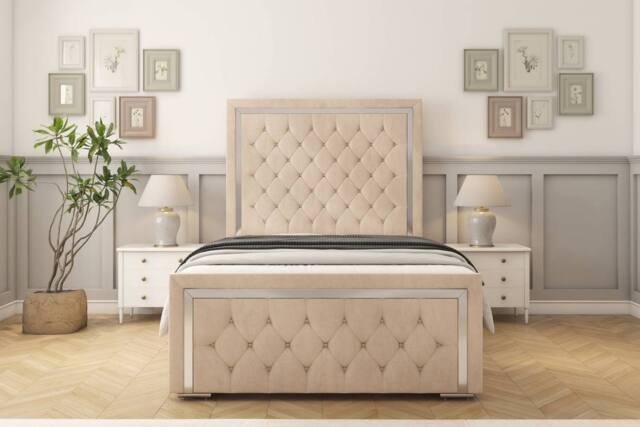"Comfort Beds Sofia Chrome Naples Bed Frame - 50"" Upholstered Headboard in Light Sand - Size: Single" - image 1