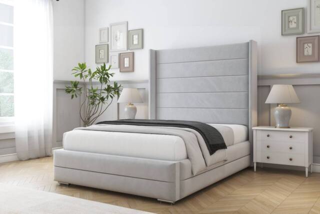 "Comfort Beds Milano Plush Bed Frame - 50"" Upholstered Wingback Headboard in Silver - Size: Super King" - image 1