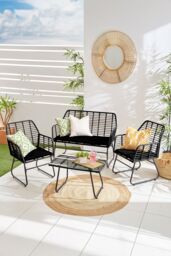 Neo 4 Piece Wicker Bamboo Style Garden Sofa, Table & Chairs Set in Black